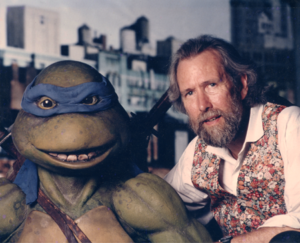 Jim Henson and Leonardo on the set of "Teenage Mutant Ninja Turtles."